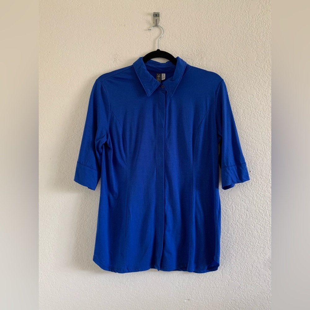Ibex Womens Wool Elbow Sleeve Hidden Button Front Shirt Top Size M Blue